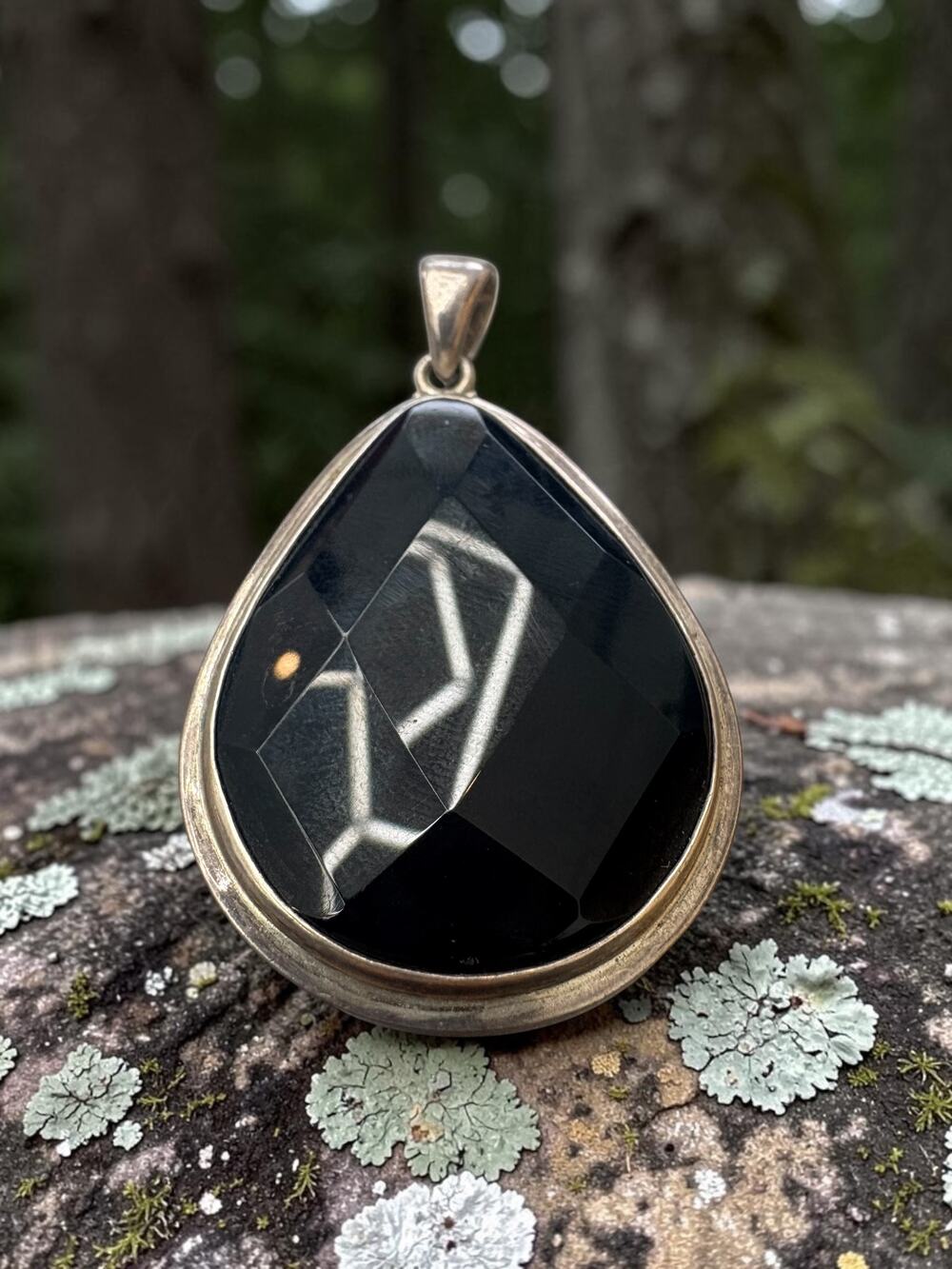 Vintage 925 Sterling Silver Black Onyx Faceted Teardrop Pendant Bezel Set Drop D